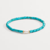 Genuine Turquoise Stone and Pearl Glass Stretch Bracelet